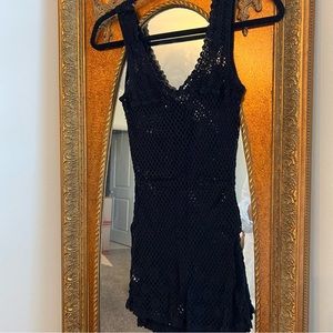 Intimately Free People Black Knit Crochet Tank Top Dress Embroidered Floral
